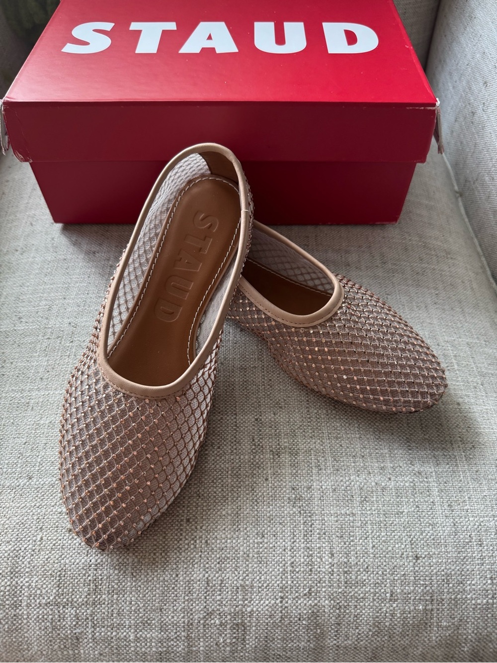 STAUD Alba Crystal-Embellished Mesh Ballet Flats in Blush Pink Size 8